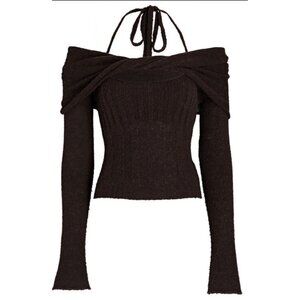 JONATHAN SIMKHAI Cambria Off-The-Shoulder Alpaca-Blend Top Chocolate Brown Sz. S